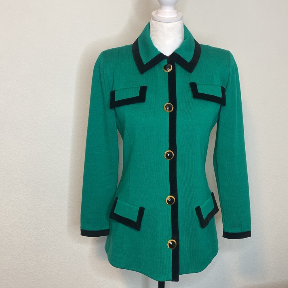 St. John Emerald Green Cardigan Top with Black Buttons and Edges